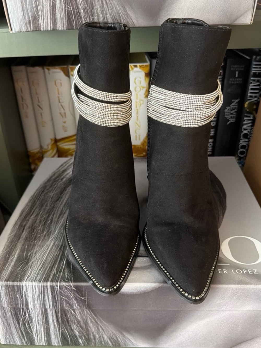 Jennifer Lopez Black Suede Pointed Ankle Boots with Crystal Wrap